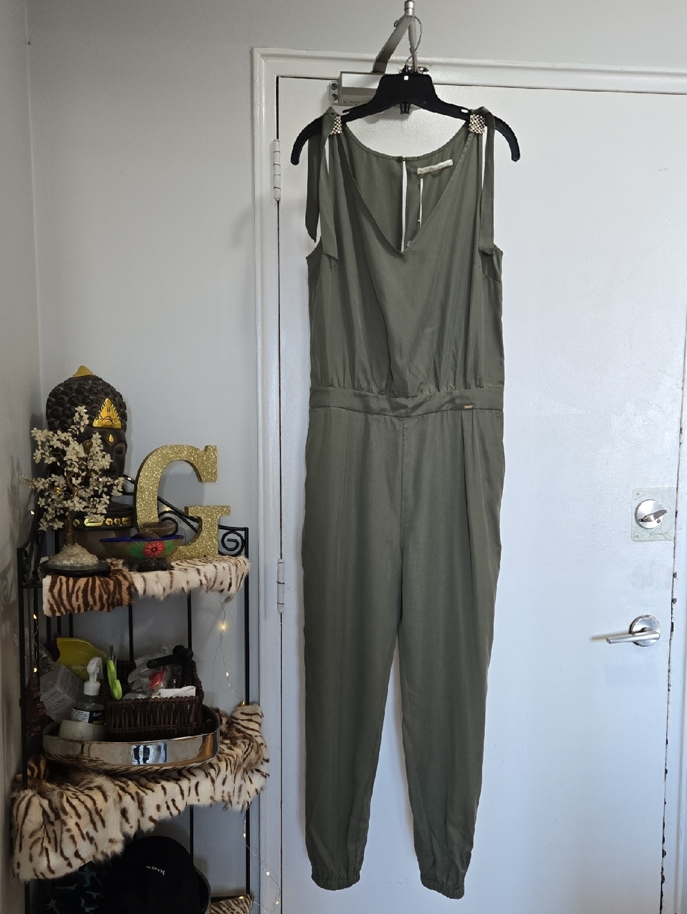 Gaudi' Olive Green Sleeveless Jumpsuit with Decorative Shoulder Detail XL